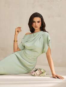 SHEIN Tall 女士纯色不对称褶皱短袖优雅连衣裙 - 灰綠 - 查看 6