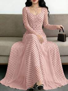 Modelyn Apricot Polka Dot Mesh Ruffle Long Sleeve Contrast Mesh Back Tie Elegant Midi Dress For Women - Pink - View 1