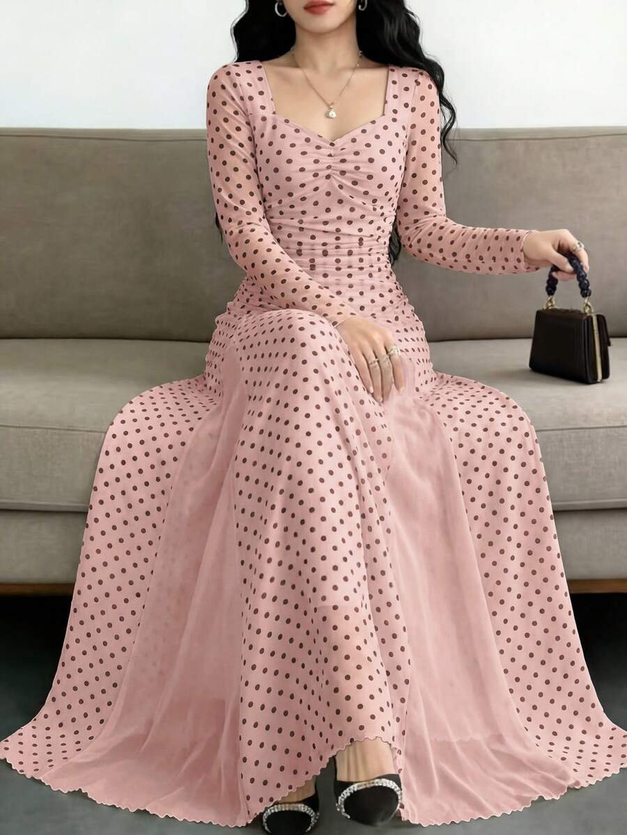 Modelyn Apricot Polka Dot Mesh Ruffle Long Sleeve Contrast Mesh Back Tie Elegant Midi Dress For Women - Pink - View 1