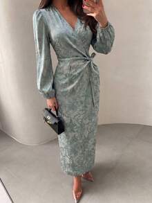 Modelyn 女士绿色提花长袖裹身系带A字中长连衣裙，优雅浪漫，春夏款 - 綠色 - 查看 1