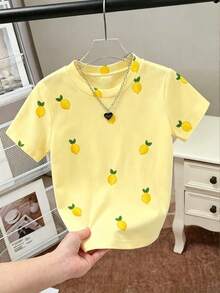 Elladie kids Girls' Casual Lemon Graphic Print Short Sleeve T-Shirt, Comfortable Daily Wear For Spring, Summer And Autumn - Multicolor - View 3