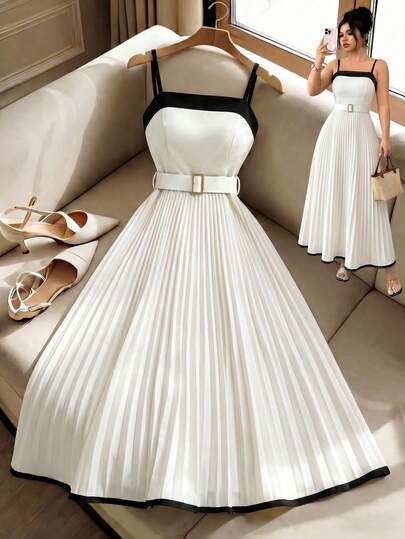Franclia Vestido de tirantes plisado elegante negro y blanco para mujer con decoración metálica, adecuado para citas de primavera, reuniones con hermanas, otoño/invierno, versátil, ideal para Navidad, San Valentín, Año Nuevo y otras festividades