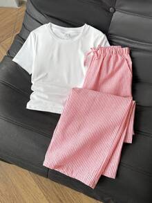SHEIN Tween Girl Casual Crew Neck Top & Striped Pants Set Tween Girl - Red - View 4