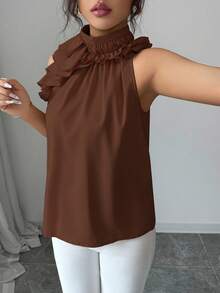 Balvessa Blus Tanpa Lengan dengan Lipatan dan Kerutan, Kemeja Wanita Warna Polos yang Elegan dan Berkelas - Coffee Brown - View 3