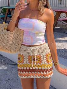 Selianne Conjunto de suéter y falda de mujer de alta gama, elegante y sexy, de punto calado, para primavera/verano, que estiliza la figura, para la playa y el resort - Multicolor - Ver 1