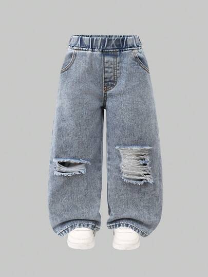 Jeans casuales para niñas, para todas las estaciones, color azul claro retro, estilo de vacaciones, diseño de cintura elástica completa, sin cintura rígida, se adapta a los cambios de la cintura de los niños, fácil de poner y quitar, silueta recta/de pierna ancha, pierna suelta, movimiento sin restricciones, equilibrando lo casual y el ambiente, cómodo denim de algodón, versátil para el uso diario, adecuado para vacaciones de verano, festivales de música, salidas diarias, escuela, reuniones, fiestas, viajes, etc.