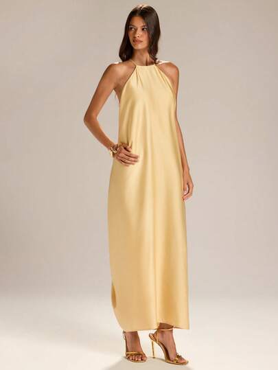 SHEIN BAE Yellow Halter Backless Satin Maxi Dress, Elegant Casual Vacation & Date Occasion Dress, Spring/Summer