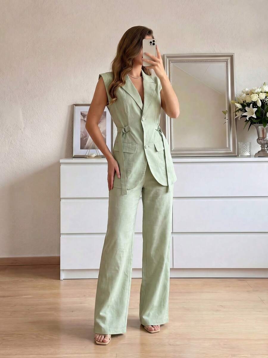 Modelyn Women's Spring/Summer Bamboo Knot Elegant Modern Side Tie Waist 2 Pieces Set - Army Green - View 1