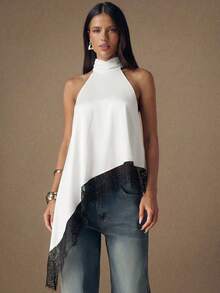 SHEIN BAE Áo hai dây satin màu đen trơn, phối ren, gợi cảm, hở lưng, cổ yếm, viền ren, thích hợp cho tiệc tùng, cocktail và các dịp trang trọng. - trắng - Xem 4