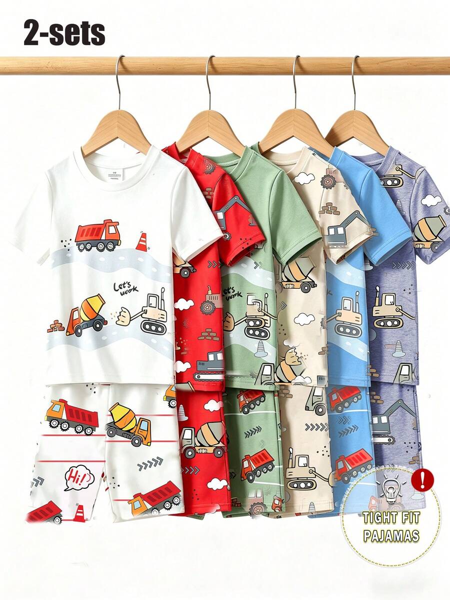 SHEIN GraphicGems 4-Piece Toddler Boys' Casual Summer Pajamas Set, Featuring Olive Green And Apricot Colors With All-Over Cartoon Car Print. This Short Sleeve Round Neck Sleepwear And Shorts Are Made Of Soft, Stretchy, Smooth Knit Material For Comfortable Skin-Friendly Nightwear And Loungewear - Multicolor - View 1