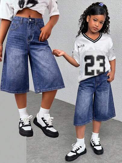 SHEIN Tween Girls Y2K Fashion Casual Versatile Streetwear Light Blue Retro Washed Denim Loose Baggy High Waist Bermuda Shorts Denim Baggy Long Short Wide Leg Jeans,Girls Summer Beach Boho Vacation Shorts, Summer Concert Festival Casual Rave Outfits, Girls Summer Brunch Church Graduation Outfits,Streetwear Back To School Outfits