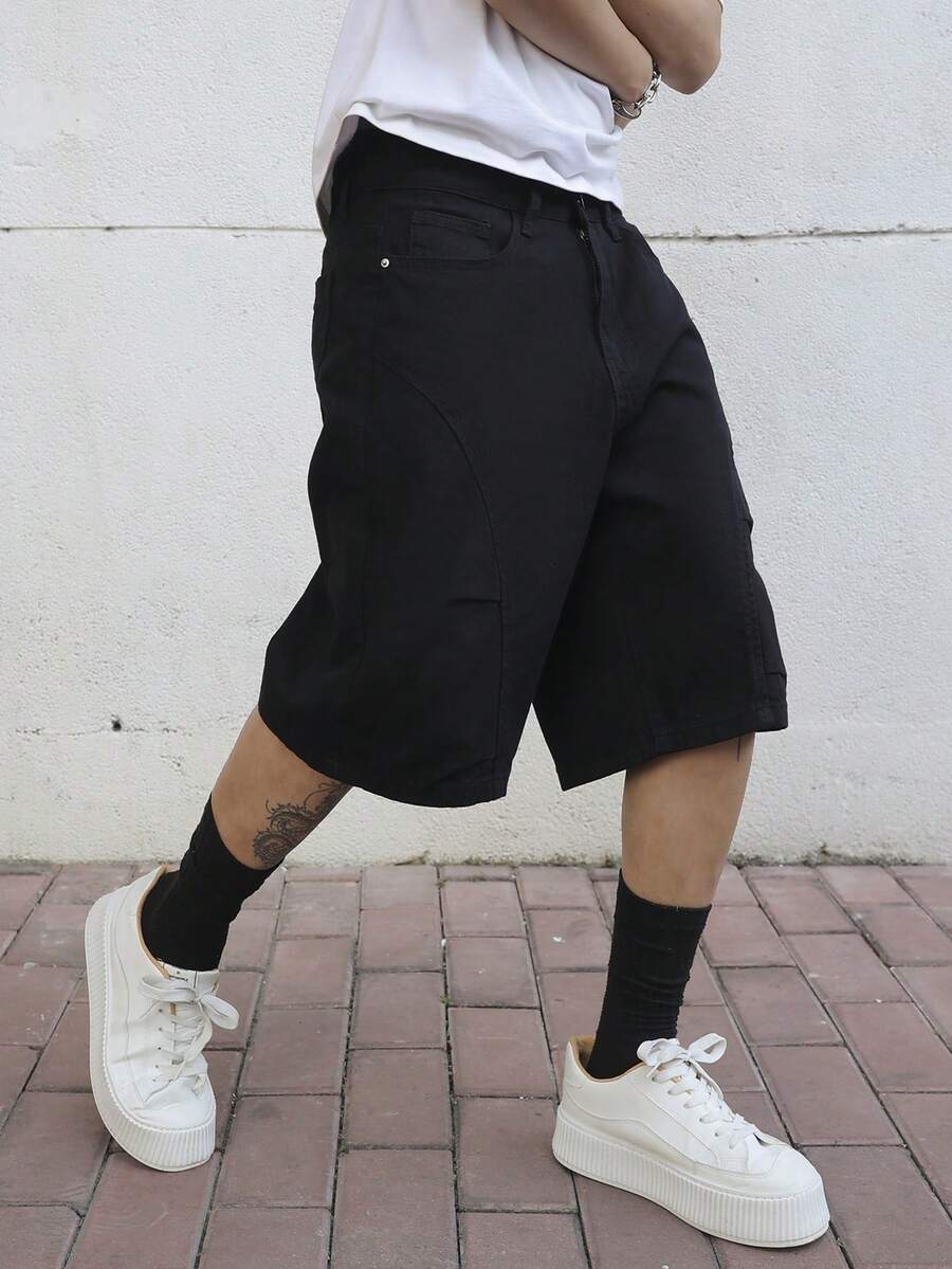 Manfinity EMRG Plus Size Men's Summer Black Casual Loose Wide Leg Denim Shorts - Black - View 1