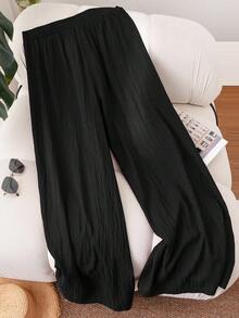SHEIN Tall CURVE 大码女式纯色抽绳腰宽松休闲裤 - 黑色 - 查看 3