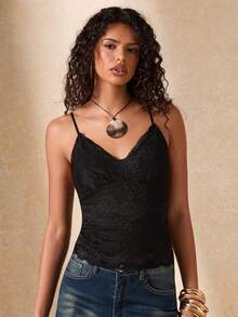 SHEIN BAE Top camisole en dentelle noire élégant pour femmes, top de soirée séduisant pour sortir, top bohème décontracté ajusté mode Y2K, festivals - Noir - Voir 1