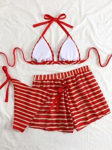 SHEIN Swim Curve 大码女士三件套泳装，条纹挂脖文胸背心式上衣配短裤，性感沙滩度假泳装 - 彩色 - 查看 2