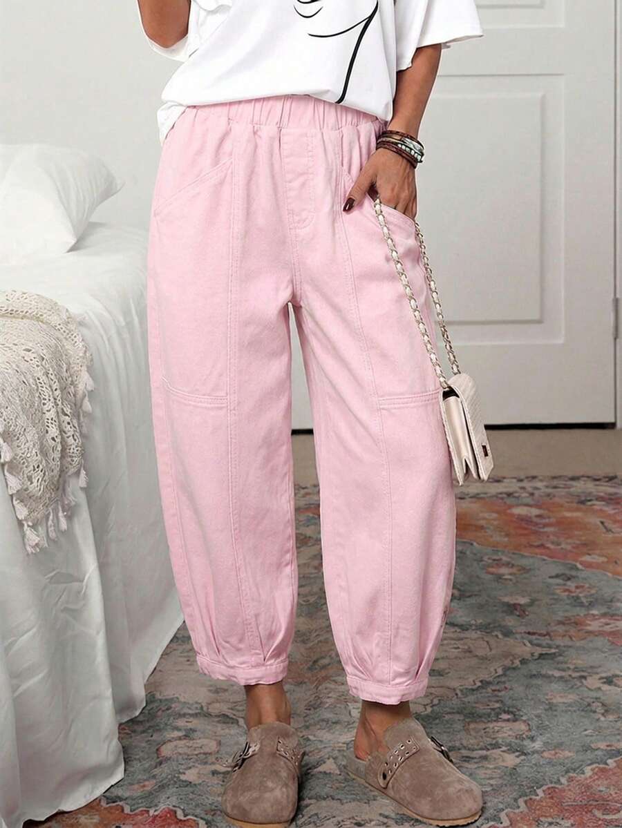 EMERY ROSE Women's Casual Solid Color Elastic Waist Big Pocket Jeans - Pink - View 1