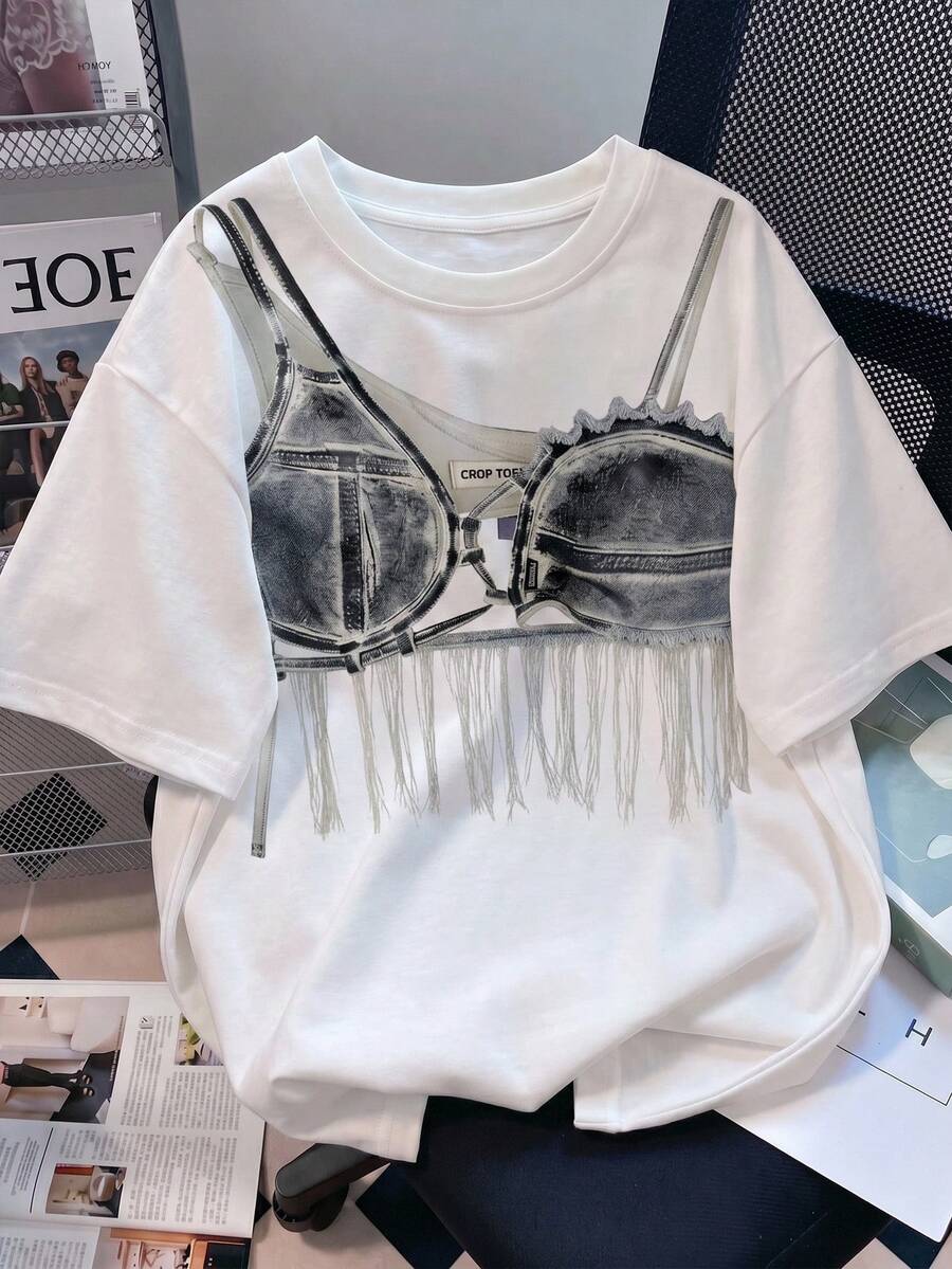 SHEIN EZwear 夏季女士休闲印花抹胸T恤 - 彩色 - 查看 1