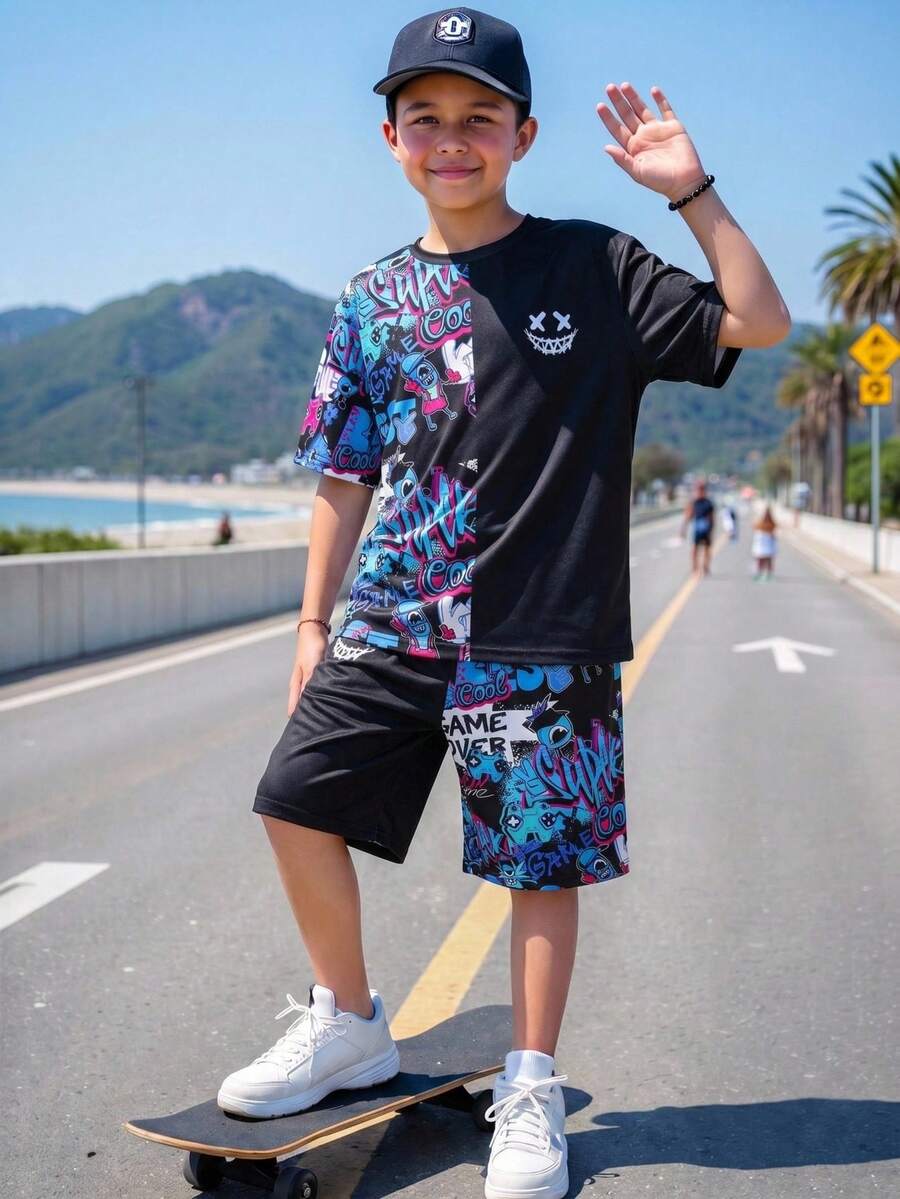 SHEIN 两件套青少年男童休闲经典运动赛车图案印花短袖圆领T恤和短裤套装,适合夏季、赛车活动、体育运动和休闲场合。 - 彩色 - 查看 1