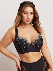 Elorette 1pc Plus Size Black Underwire Lace Bra, Comfortable Supportive Wide Strap Bra - Black - View 6