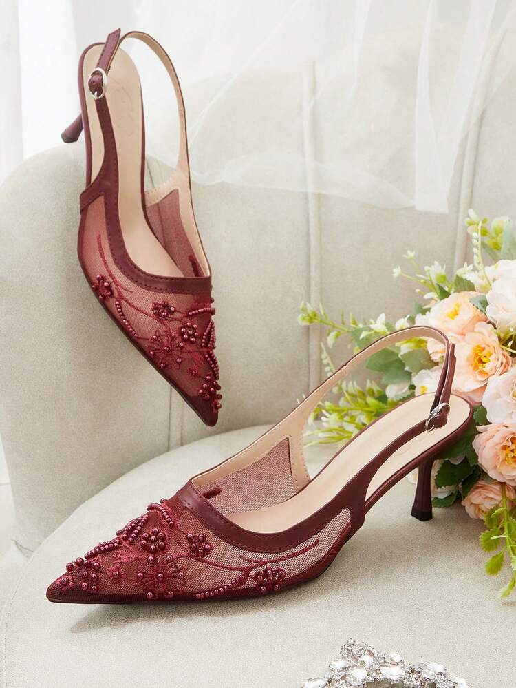 CUCCOO HITCHD Women Shoes Spring And Summer Breathable Mesh Pearl Embroidery Pointed Thin Heel Middle Heel Fairy Low Vamp Mesh Solid Color Women's High Heel Shoes Daily Commuter Dating Versatile Wedding Bridesmaid Shoes