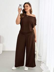 Shapeblank Bộ đồ nữ cỡ lớn mùa xuân/hè thời trang, thoải mái, co giãn, gồm áo tay ngắn trễ vai và quần ống rộng màu nâu, thích hợp mặc hàng ngày, quần áo mùa hè, bộ quần áo, trang phục sân bay, kiểu dáng đơn giản, trang phục đi nghỉ mát, bộ quần áo. - màu nâu - Xem 6
