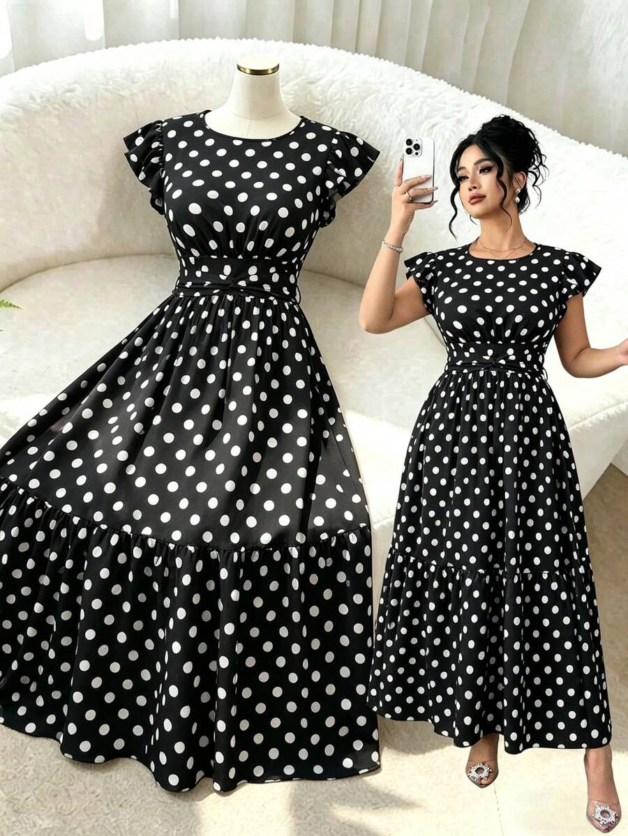 SHEIN LUNE Plus Size Round Neck Brown Polka Dot Dress With Ruched Waist Gym Summer - Black - View 1
