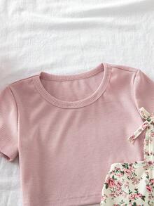 SHEIN 2件套女童时尚粉色罗纹露脐上衣和印花系带露肩吊带迷你连衣裙套装，适合春夏女童服装套装、夏季女童套装、春季套装、连衣裙、夏季连衣裙、粉色连衣裙 - 粉色 - 查看 7