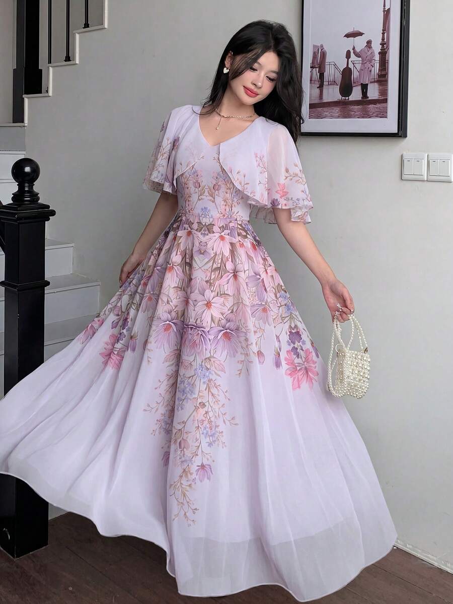 Modelyn 女士V领披肩式设计收腰喇叭形印花雪纺连衣裙 - 紫色 - 查看 1