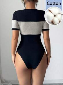 Selianne Women's Casual Sexy Fashion Ribbed Patchwork Design High-Quality Bodysuit, Versatile Short Sleeve Daily Wear, Summer Golf Pastal - Black - View 2