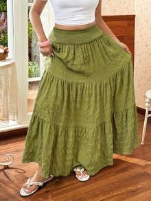 CovetEZ Plus Size Green Ruffled Hem Casual Skirt, Suitable For Spring/Summer Holiday - Green - View 5
