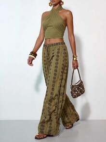 Zivah 2026 Spring/Summer New Bohemian Style Loose Drawstring Waist Side Pocket Wide Leg Pants With Floral Retro Print, Green - Green - View 4