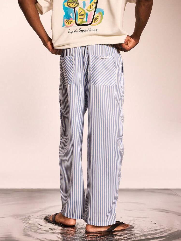 Relaxed Fit Pull On Striped Pants With Embroidery Details Summer Casual Comfort Loungewear Drawstring Waistband