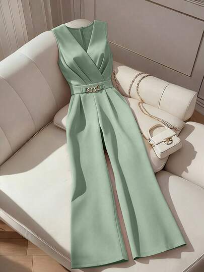 Franclia Elegant Urban Commute Casual Versatile V-Neck Sleeveless Cinched Waist Metal Decor Pink Wide Leg Jumpsuit Pants For Women, Spring/Summer