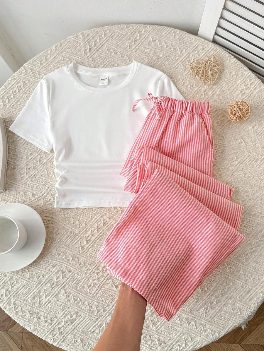SHEIN Tween Girl Casual Crew Neck Top & Striped Pants Set Tween Girl - Red - View 1