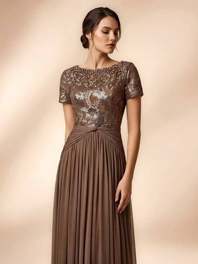 Serin Elegant Luxurious Beaded Sequin Mesh Petal Sleeve Splice Elastic Knit Flared Maxi Dress, Suitable For Wedding, Party, Holiday, Prom, Mother Of The Bride Evening Gown