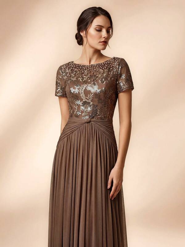 Serin Elegant Luxurious Beaded Sequin Mesh Petal Sleeve Splice Elastic Knit Flared Maxi Dress, Suitable For Wedding, Party, Holiday, Prom, Mother Of The Bride Evening Gown