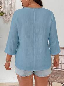 Linhara CURVE Plus Size Casual Linen Texture V-Neck Floral Print Shirt - Blue - View 2