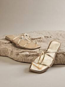 VACAZURE Women's Fashionable Gold Faux Leather Square Toe Flat Sandal Slide,Comfort Metallic Embellish Chic Holiday Shoes For Spring Summer Vacation Beach - Gold - View 4