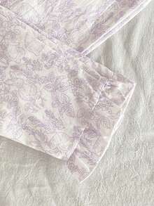 Young Girl' White Floral Line Rabbit Floral Pattern Ruffle Collar Short Sleeve Pants Casual Flowy Comfortable 2 Pieces Pajama Set Sleep Summer - Purple - View 7