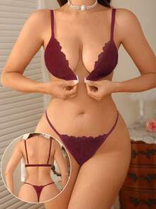 SHEIN 2pcs Sexy Lace Patchwork Front Closure Lingerie Set For Women - Burgundy - View 2