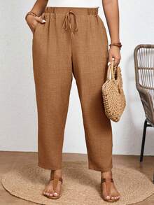 SHEIN Frenchy Pantalones casuales de talla grande de unicolor con cintura elástica y bolsillos en diagonal - Marrón Mocha - Ver 2