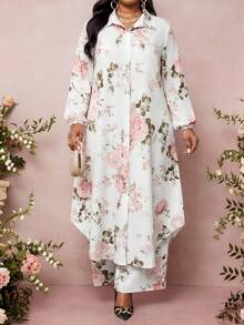 SHEIN Lady 大码女式印花单排扣长款上衣和裤子休闲两件套 - 彩色 - 查看 1