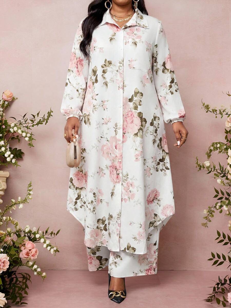 SHEIN Lady 大码女式印花单排扣长款上衣和裤子休闲两件套 - 彩色 - 查看 1