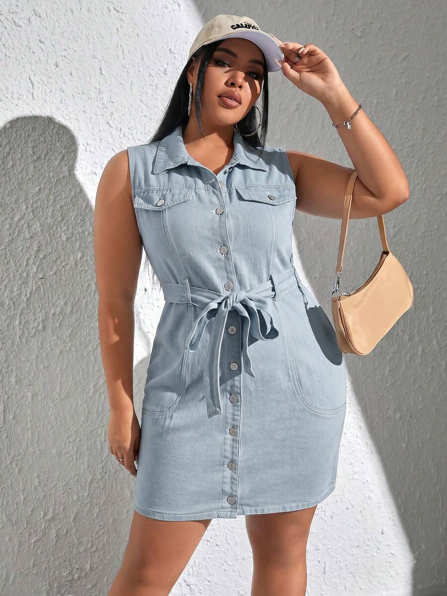 SHEIN EZwear Plus Size Women Sleeveless Short Denim Dress Light Blue Autumn Casual Formal Traditional - Light Wash - View 1
