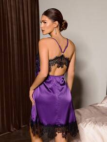 Slumberist Faux Silk Lace Patchwork Criss-Cross Backless Tie Robe Slip Dress 2 Pieces Set For Women Honeymoon Bridal Purple Autumn Elegant Sexy - Purple - View 7