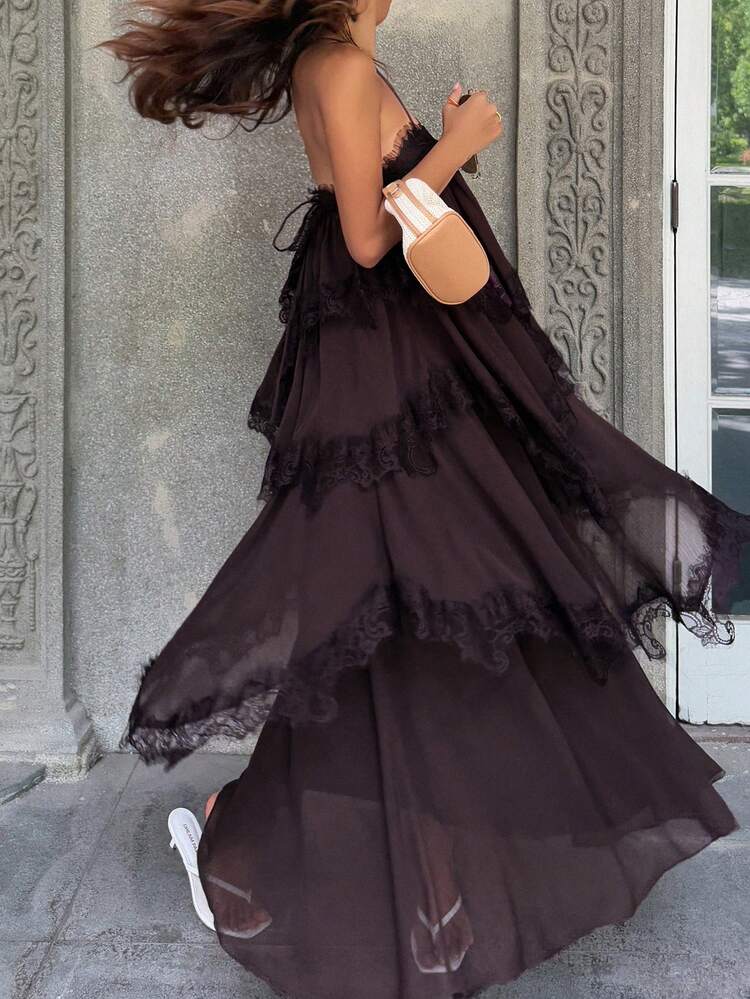 Dazy-Less Women's Lace Patchwork Ruffle Casual Party Midi Slip Dress, Spring & Summer - Coffee Brown - View 1