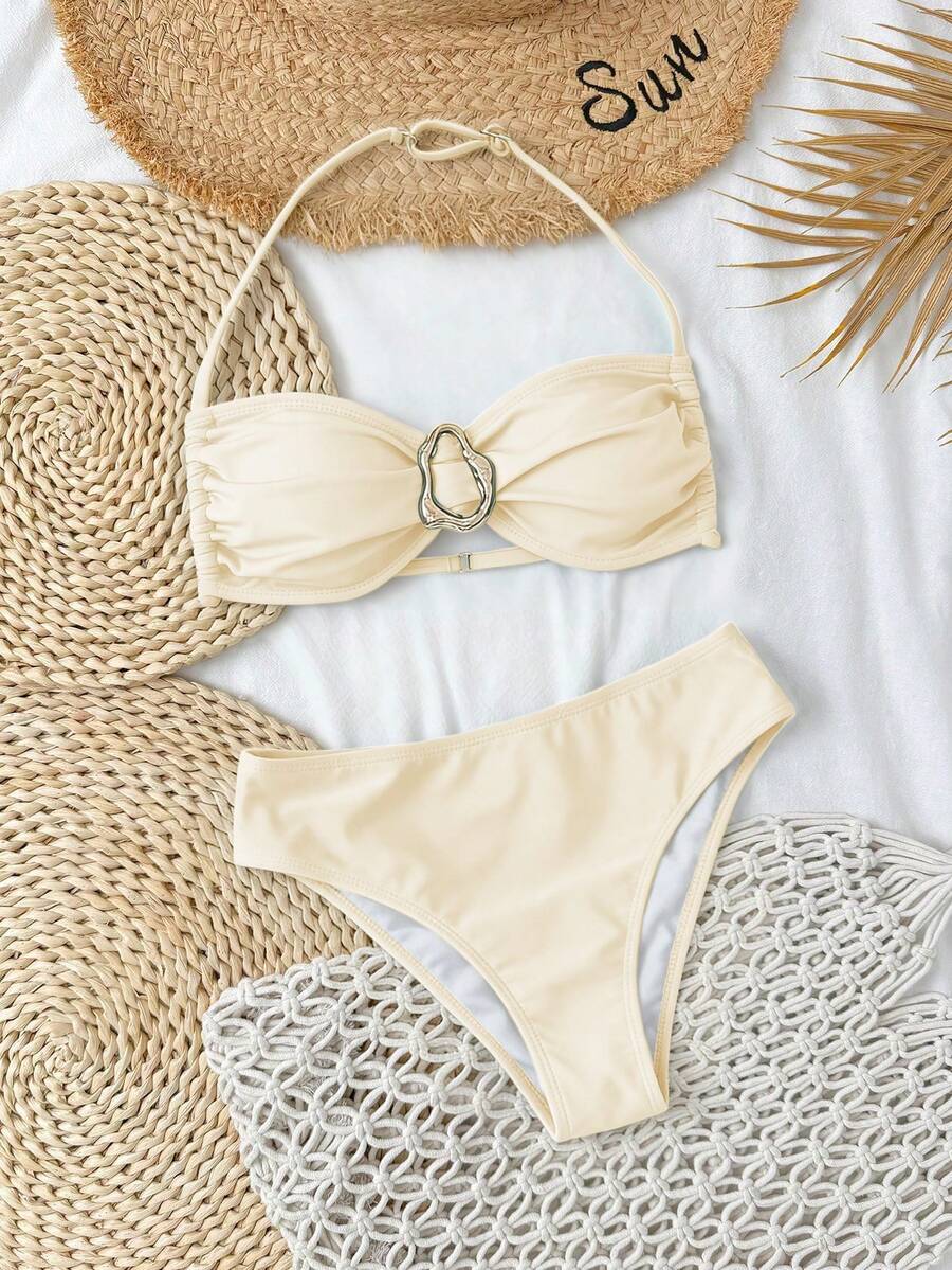 SHEIN Summer New Teen Girl Swimwear Set, Minimalist Personalized Versatile Bikini Two Pieces, Beach Pool Casual Holiday, Spring/Summer - Apricot - View 1