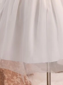 Girls White Mesh Lace Dress,Round Neck Cap Sleeve Textured Waist Elegant Summer Princess Dress,Suitable For Wedding Flower Girl Formal,Parties - White - View 4