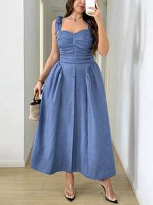 SHEIN LUNE Vestido de tirantes con pliegues en el Body y bajo acampanado, de unicolor, para mujer talla grande, para uso casual, playa, vacaciones y citas - Azul - Ver 3