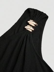 Sweetra Plus Size Women Summer Elegant Black And Gold Asymmetric Shoulder Dress,Textured Ruched Metal Button Y2K Night Out Club Commuter Vacation Dress - Black - View 4
